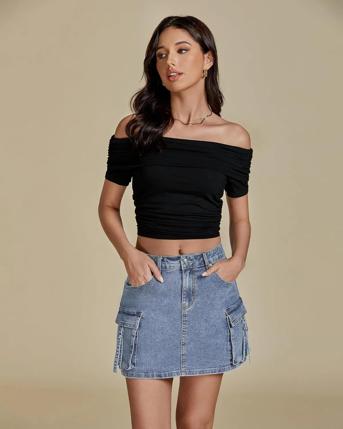 luvamia Jean Skirts for Women Denim Stretchy Cargo High Waisted Trendy Y2K Mini Skirt with Utility Pockets