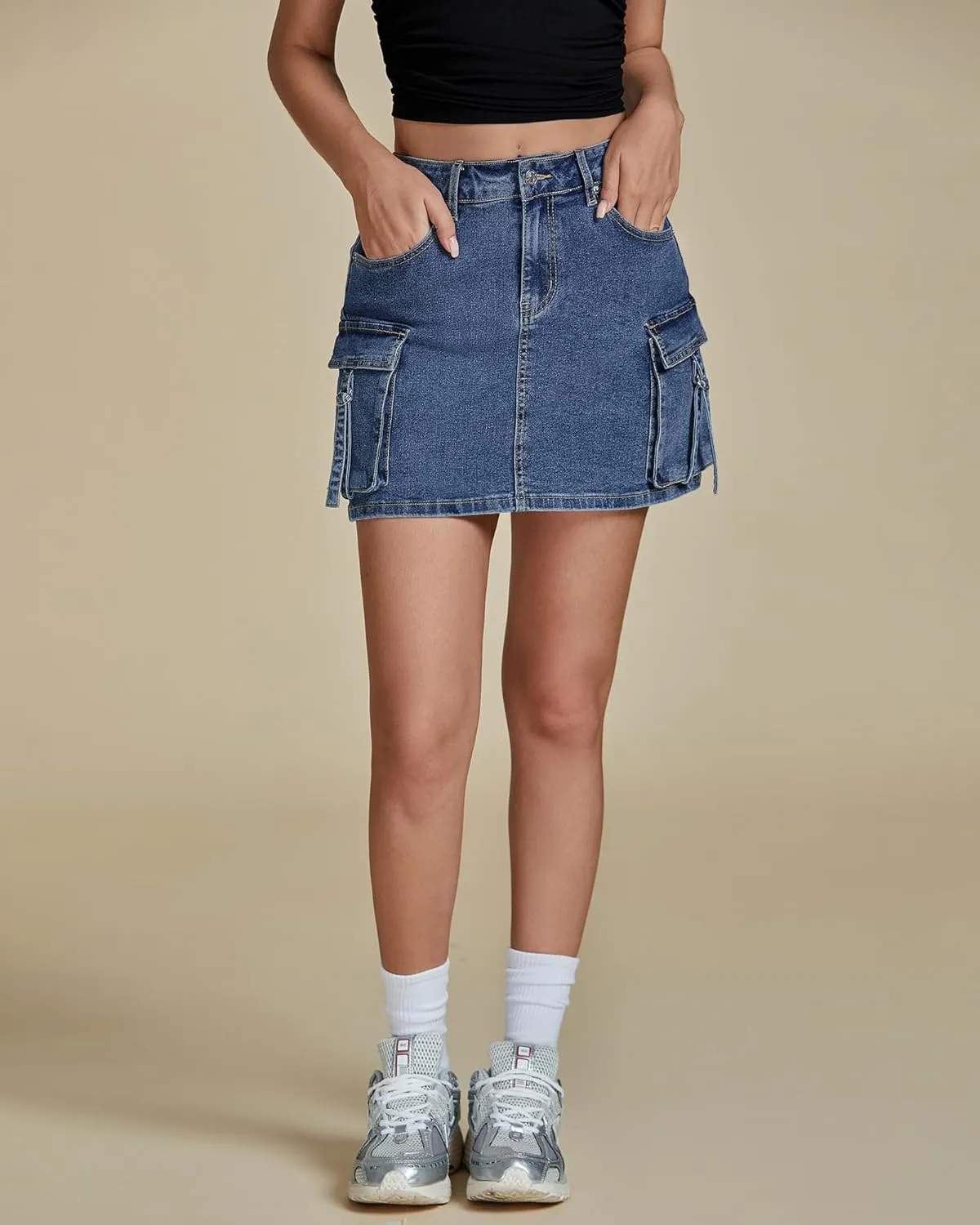 luvamia Jean Skirts for Women Denim Stretchy Cargo High Waisted Trendy Y2K Mini Skirt with Utility Pockets