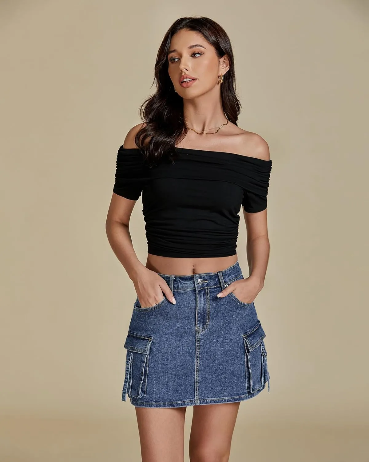 luvamia Jean Skirts for Women Denim Stretchy Cargo High Waisted Trendy Y2K Mini Skirt with Utility Pockets