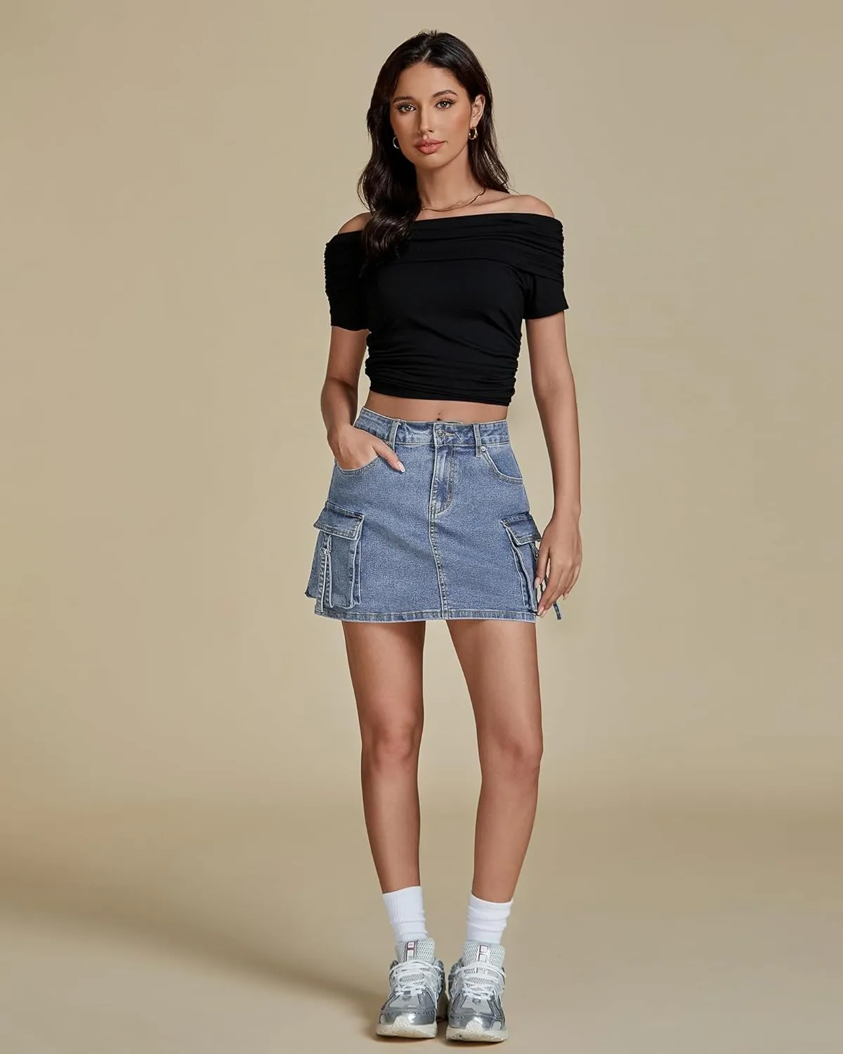 luvamia Jean Skirts for Women Denim Stretchy Cargo High Waisted Trendy Y2K Mini Skirt with Utility Pockets