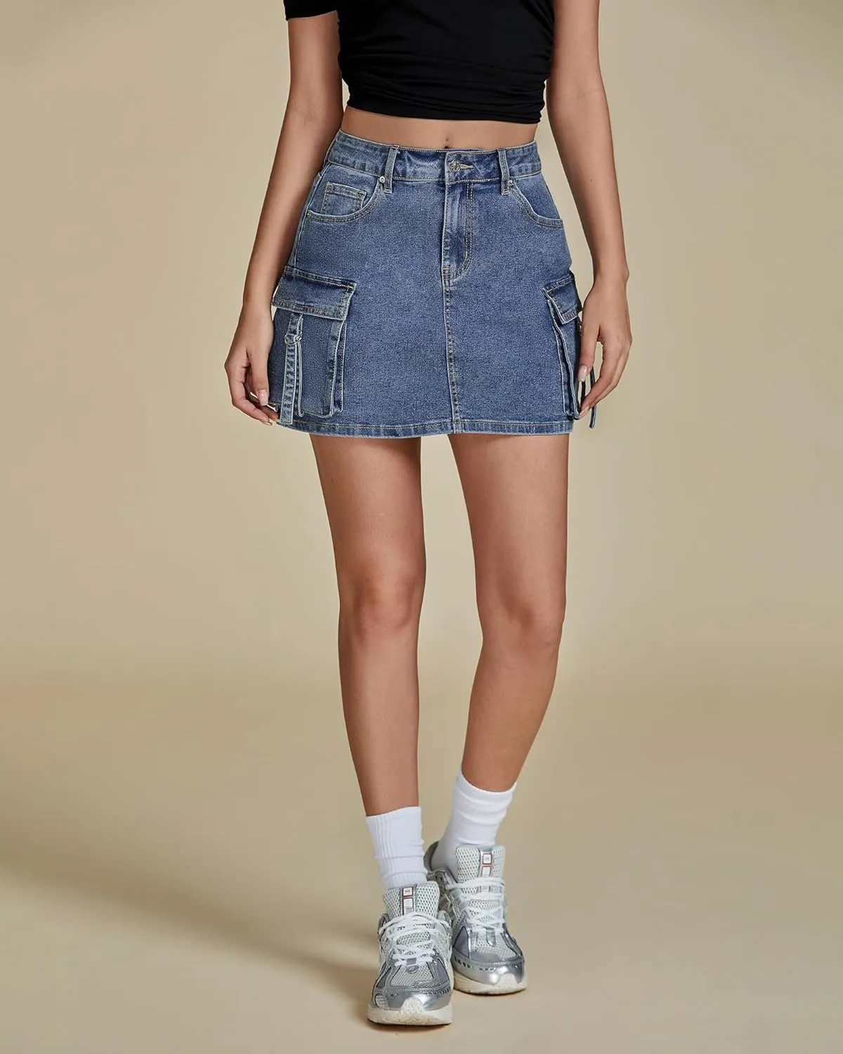luvamia Jean Skirts for Women Denim Stretchy Cargo High Waisted Trendy Y2K Mini Skirt with Utility Pockets