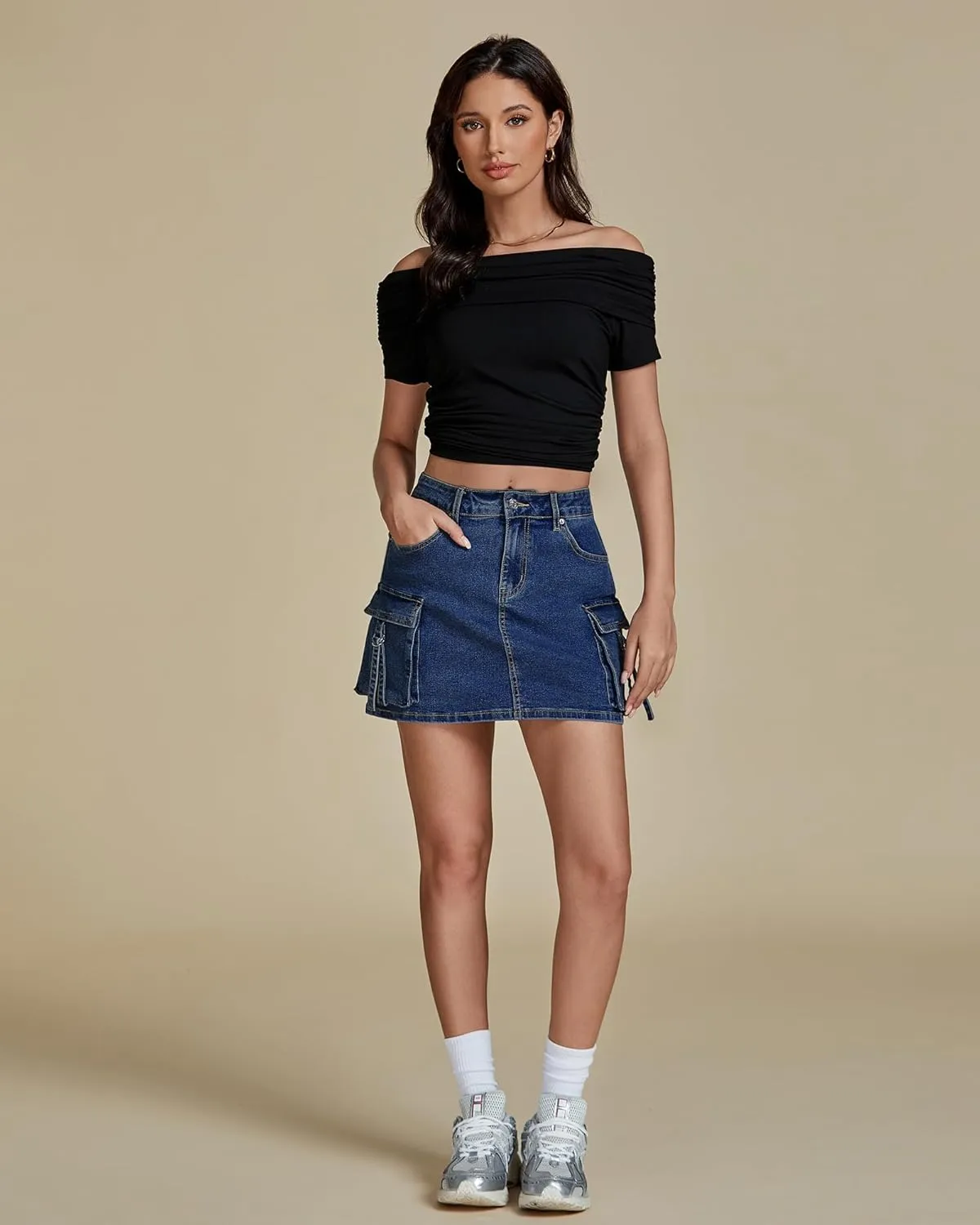 luvamia Jean Skirts for Women Denim Stretchy Cargo High Waisted Trendy Y2K Mini Skirt with Utility Pockets