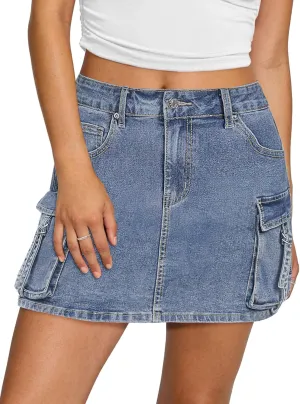 luvamia Jean Skirts for Women Denim Stretchy Cargo High Waisted Trendy Y2K Mini Skirt with Utility Pockets