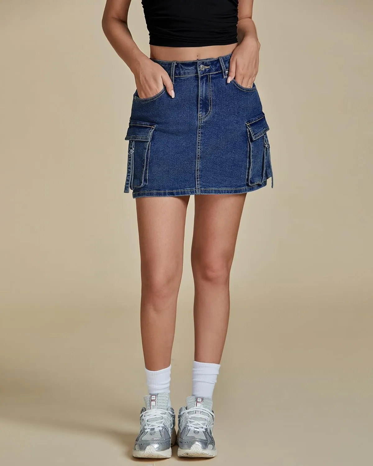 luvamia Jean Skirts for Women Denim Stretchy Cargo High Waisted Trendy Y2K Mini Skirt with Utility Pockets