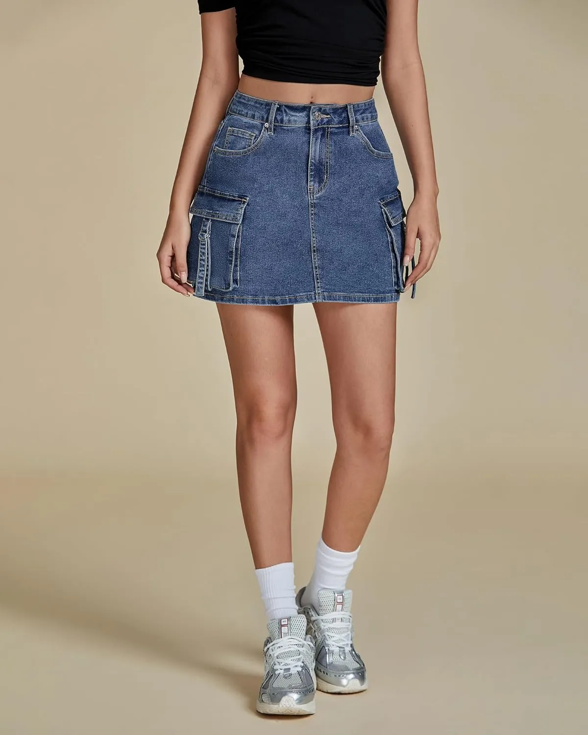 luvamia Jean Skirts for Women Denim Stretchy Cargo High Waisted Trendy Y2K Mini Skirt with Utility Pockets