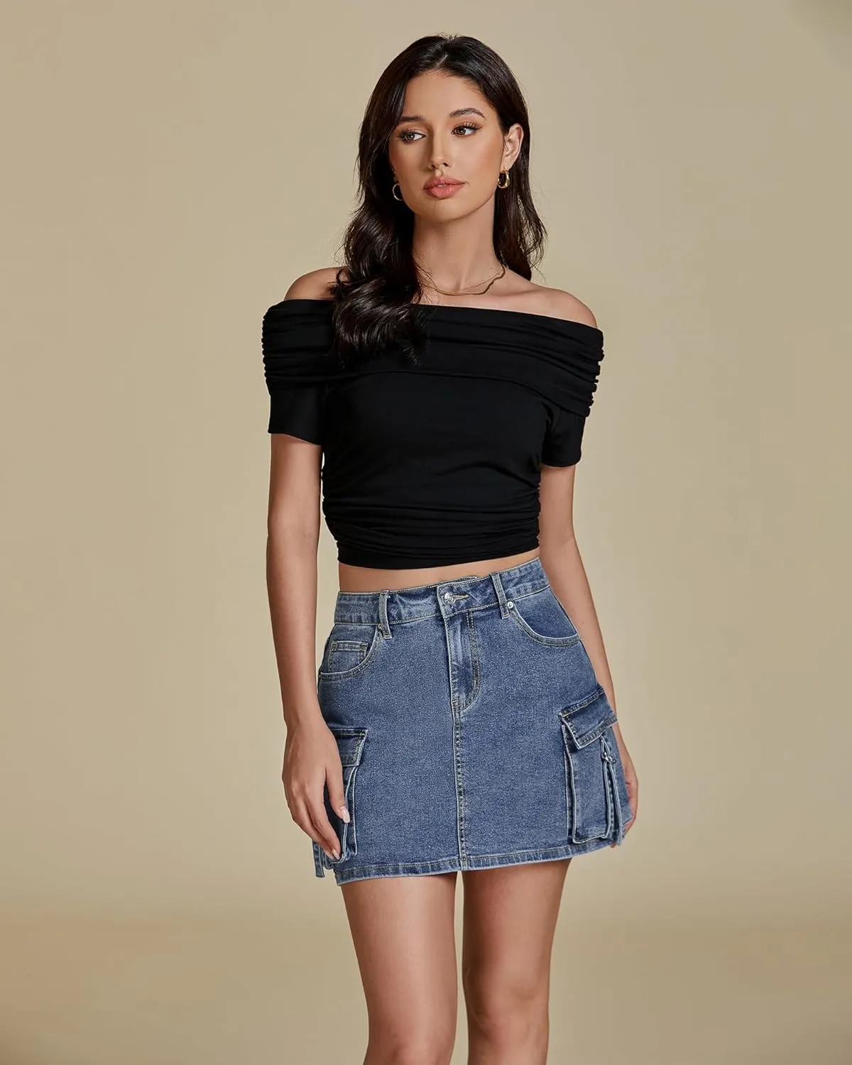 luvamia Jean Skirts for Women Denim Stretchy Cargo High Waisted Trendy Y2K Mini Skirt with Utility Pockets