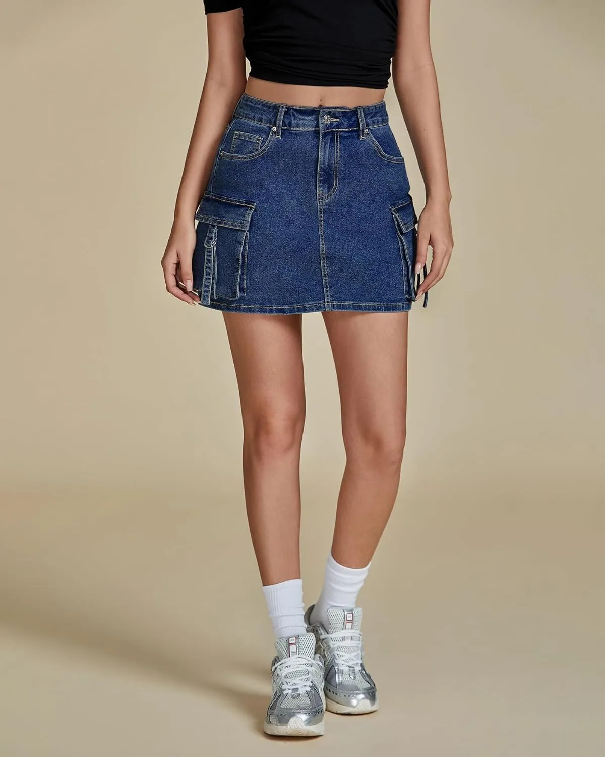 luvamia Jean Skirts for Women Denim Stretchy Cargo High Waisted Trendy Y2K Mini Skirt with Utility Pockets
