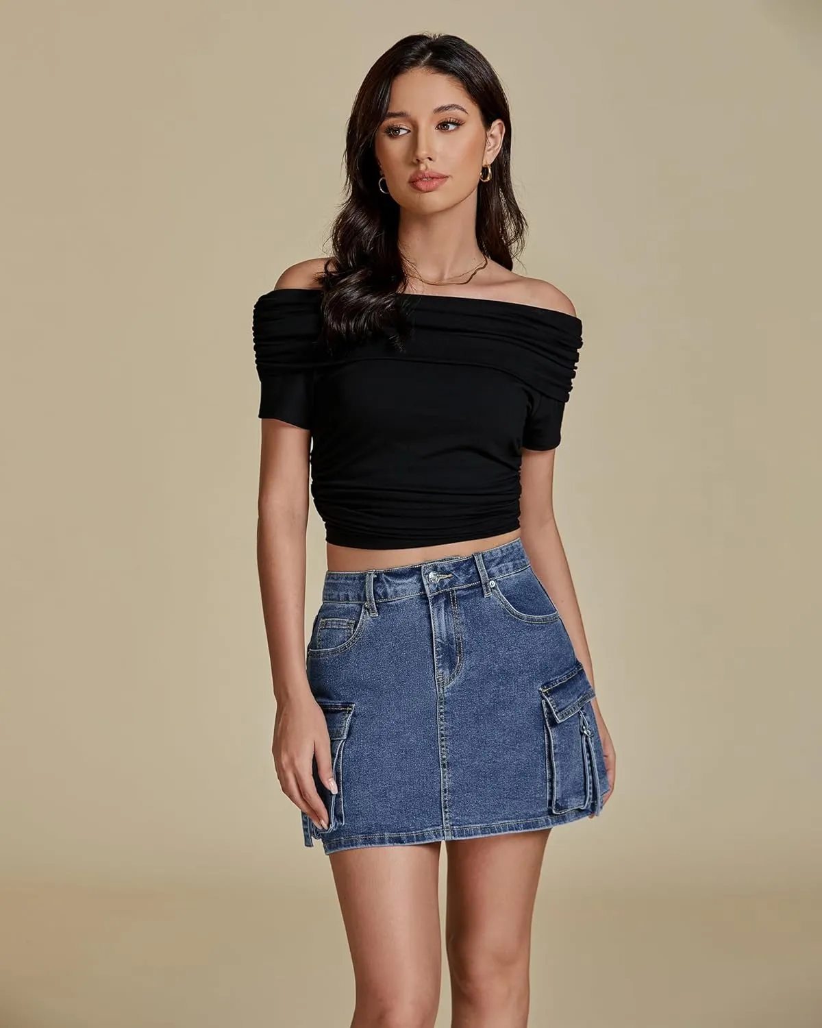 luvamia Jean Skirts for Women Denim Stretchy Cargo High Waisted Trendy Y2K Mini Skirt with Utility Pockets
