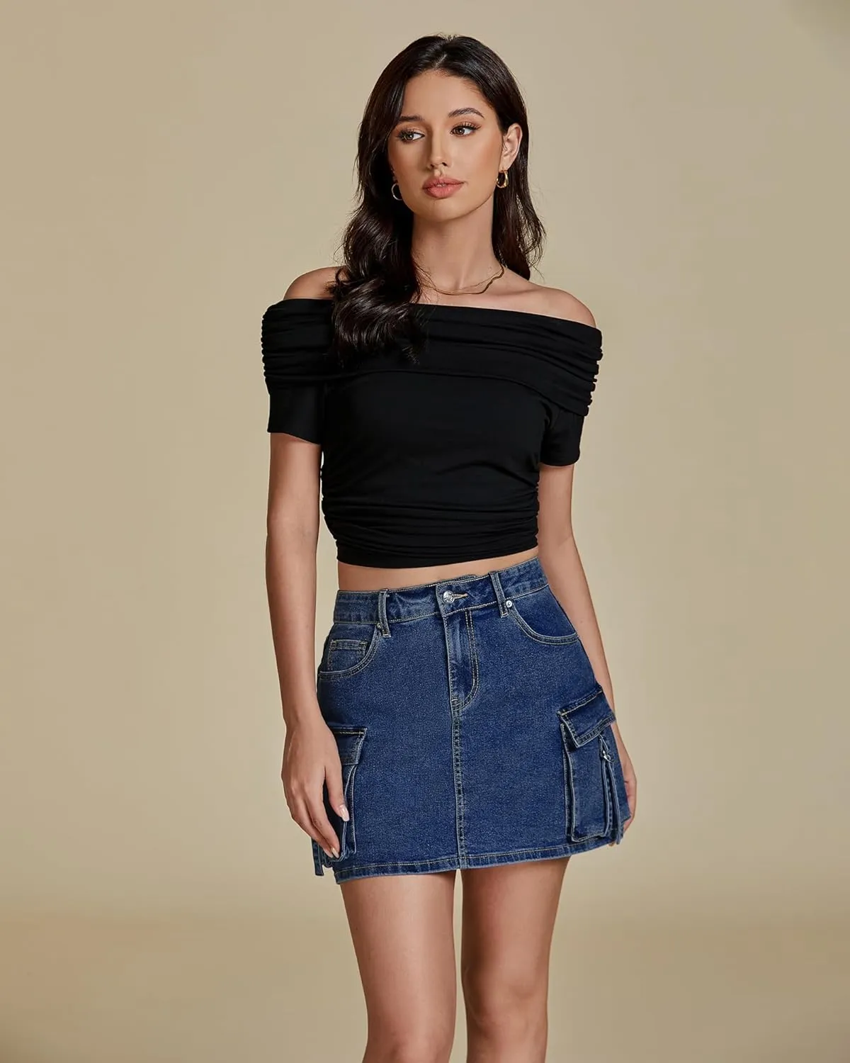 luvamia Jean Skirts for Women Denim Stretchy Cargo High Waisted Trendy Y2K Mini Skirt with Utility Pockets