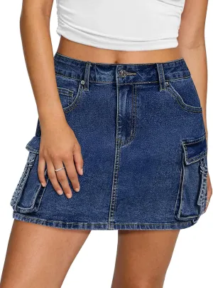 luvamia Jean Skirts for Women Denim Stretchy Cargo High Waisted Trendy Y2K Mini Skirt with Utility Pockets
