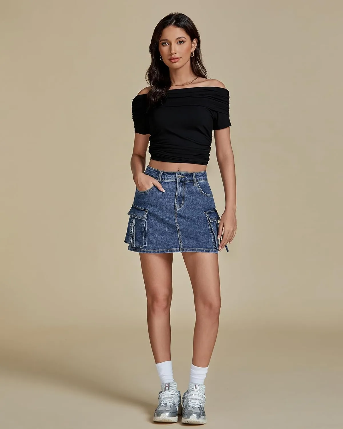 luvamia Jean Skirts for Women Denim Stretchy Cargo High Waisted Trendy Y2K Mini Skirt with Utility Pockets