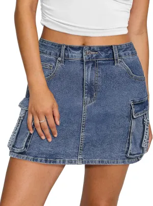 luvamia Jean Skirts for Women Denim Stretchy Cargo High Waisted Trendy Y2K Mini Skirt with Utility Pockets