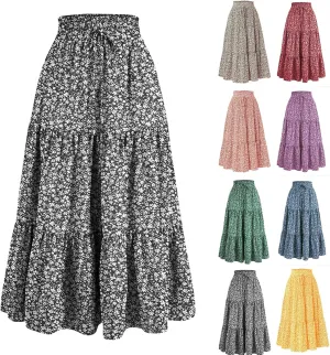 Maxi Skirts for Women 2025 Floral Boho Comfy Tiered Elastic High Waisted Vacation A-Line Flowy Swing Long Skirt