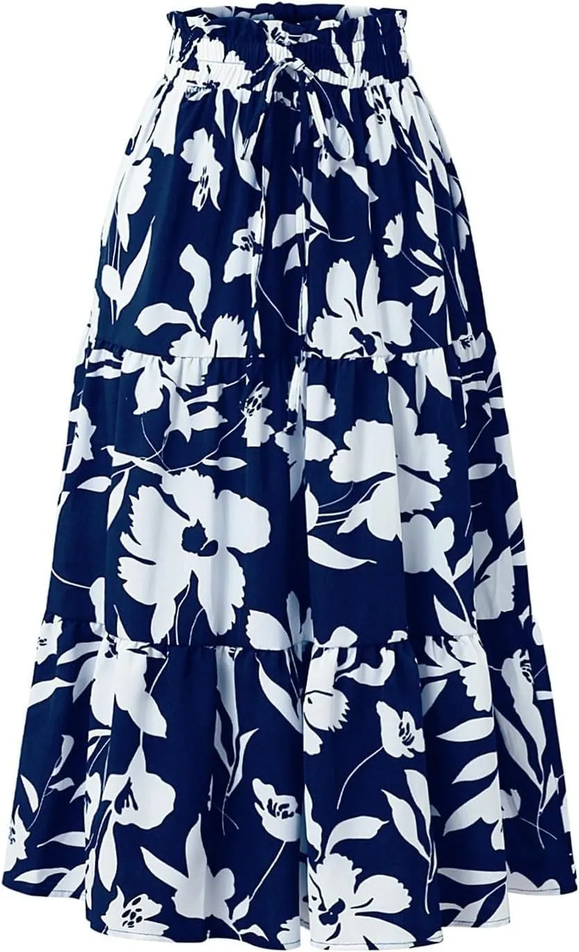 Maxi Skirts for Women 2025 Floral Boho Comfy Tiered Elastic High Waisted Vacation A-Line Flowy Swing Long Skirt