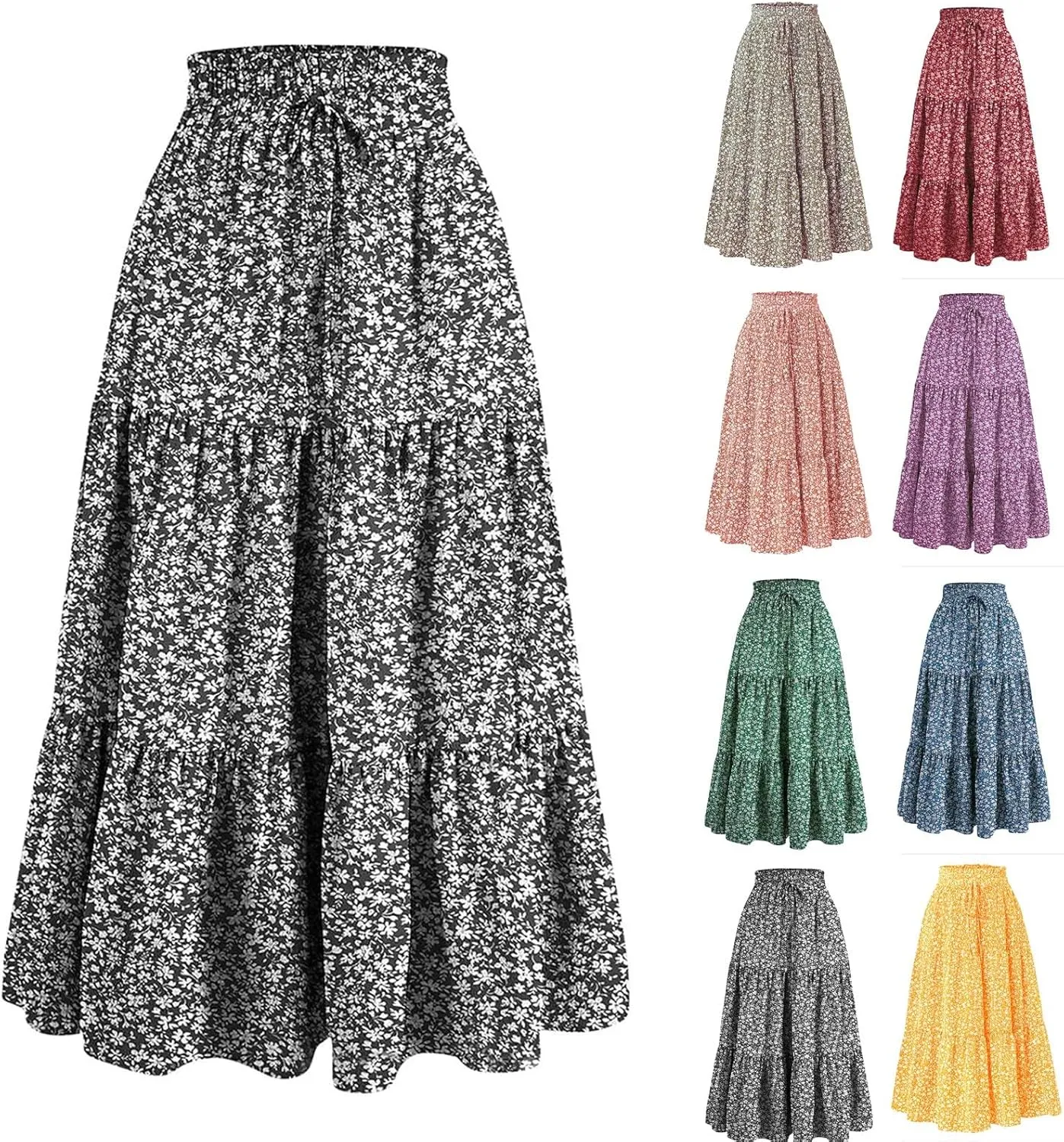 Maxi Skirts for Women 2025 Floral Boho Comfy Tiered Elastic High Waisted Vacation A-Line Flowy Swing Long Skirt