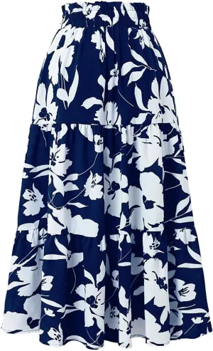 Maxi Skirts for Women 2025 Floral Boho Comfy Tiered Elastic High Waisted Vacation A-Line Flowy Swing Long Skirt