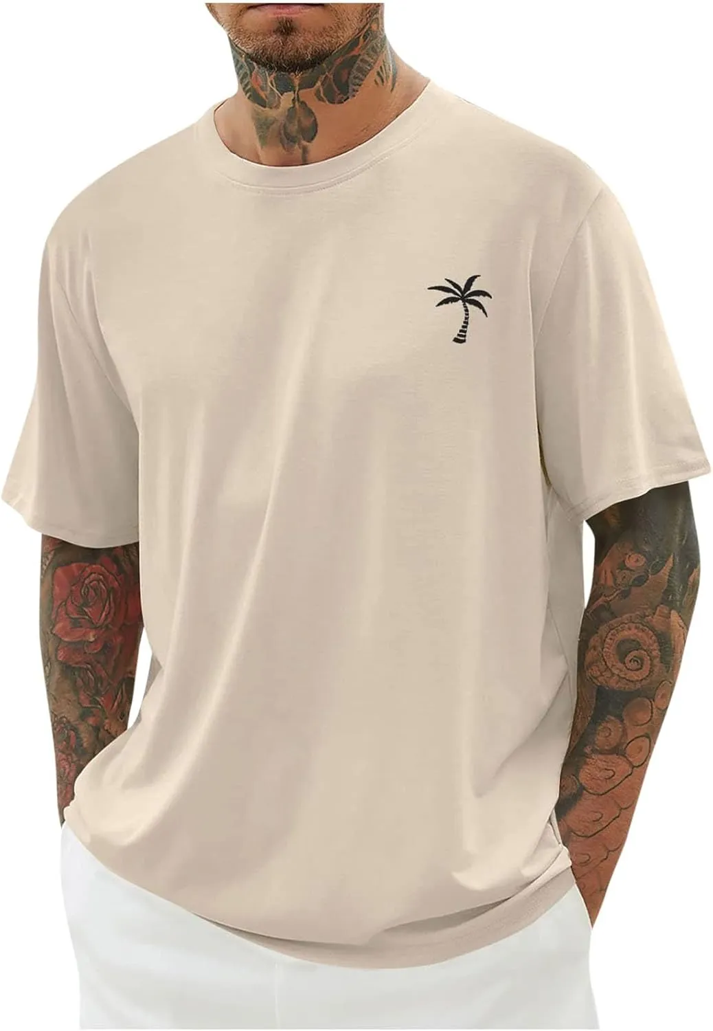 Men Comfy Tees Palm Tree Graphic Tunic Tops Simple Basic Oversized Fit Soft Short Sleeve Blouse TShirts for Daily