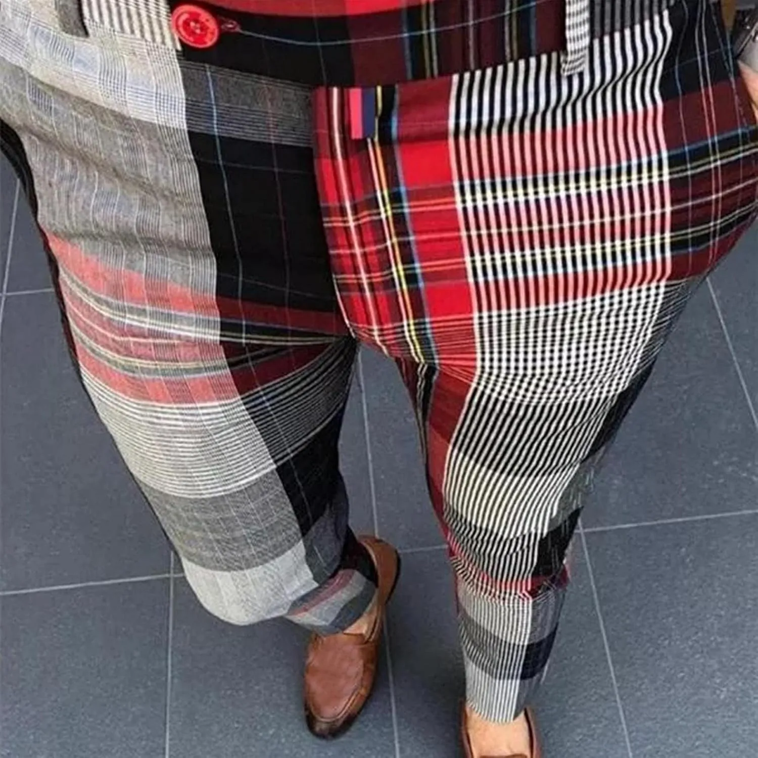 Men Grid Tailored Pants Casual Slim Fit Chinos Plaid Printed Stretch Flat-Front Dress Pants Skinny Business Pencil Pants