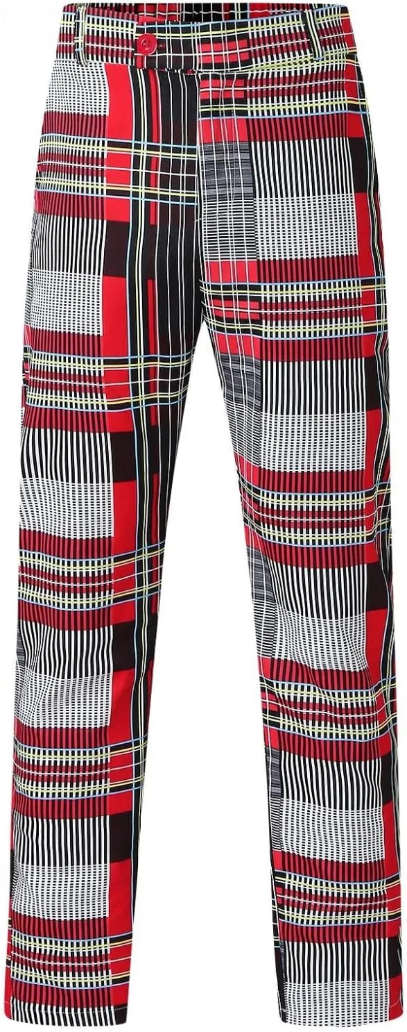 Men Grid Tailored Pants Casual Slim Fit Chinos Plaid Printed Stretch Flat-Front Dress Pants Skinny Business Pencil Pants