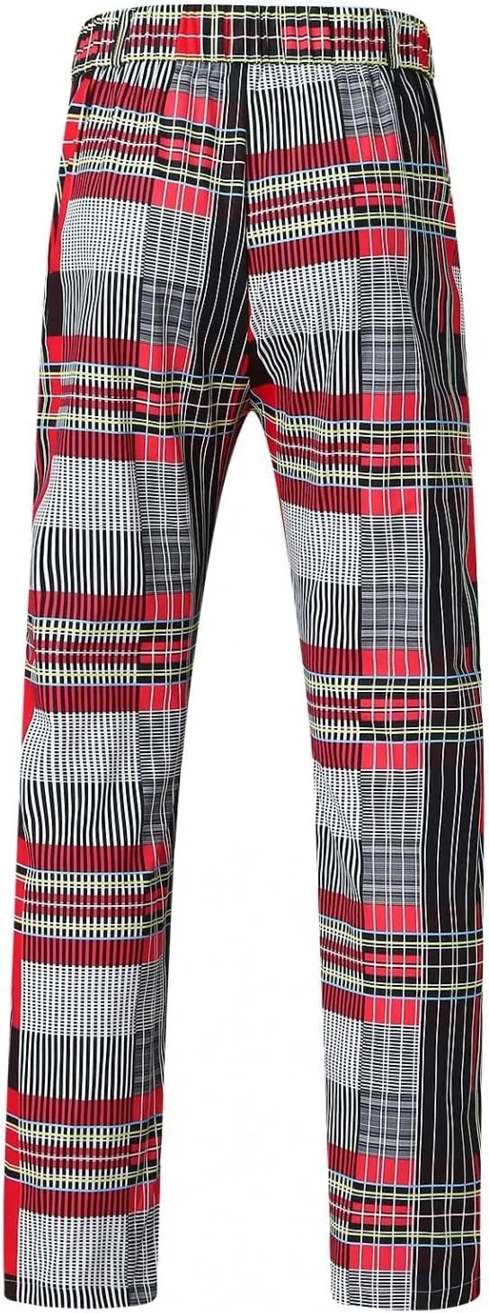Men Grid Tailored Pants Casual Slim Fit Chinos Plaid Printed Stretch Flat-Front Dress Pants Skinny Business Pencil Pants