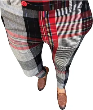 Men Grid Tailored Pants Casual Slim Fit Chinos Plaid Printed Stretch Flat-Front Dress Pants Skinny Business Pencil Pants