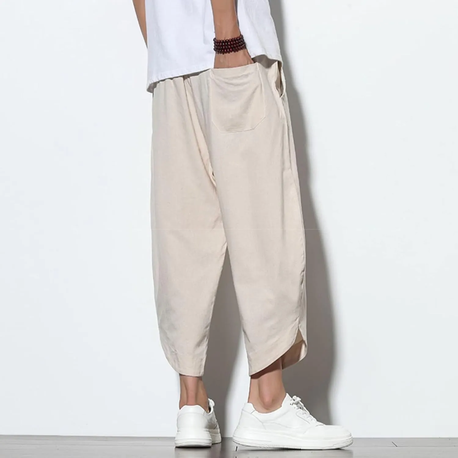 Mens Baggy Pants Drawstring Cotton Linen Wide Leg Yoga Pants Solid Color Baggy Pants