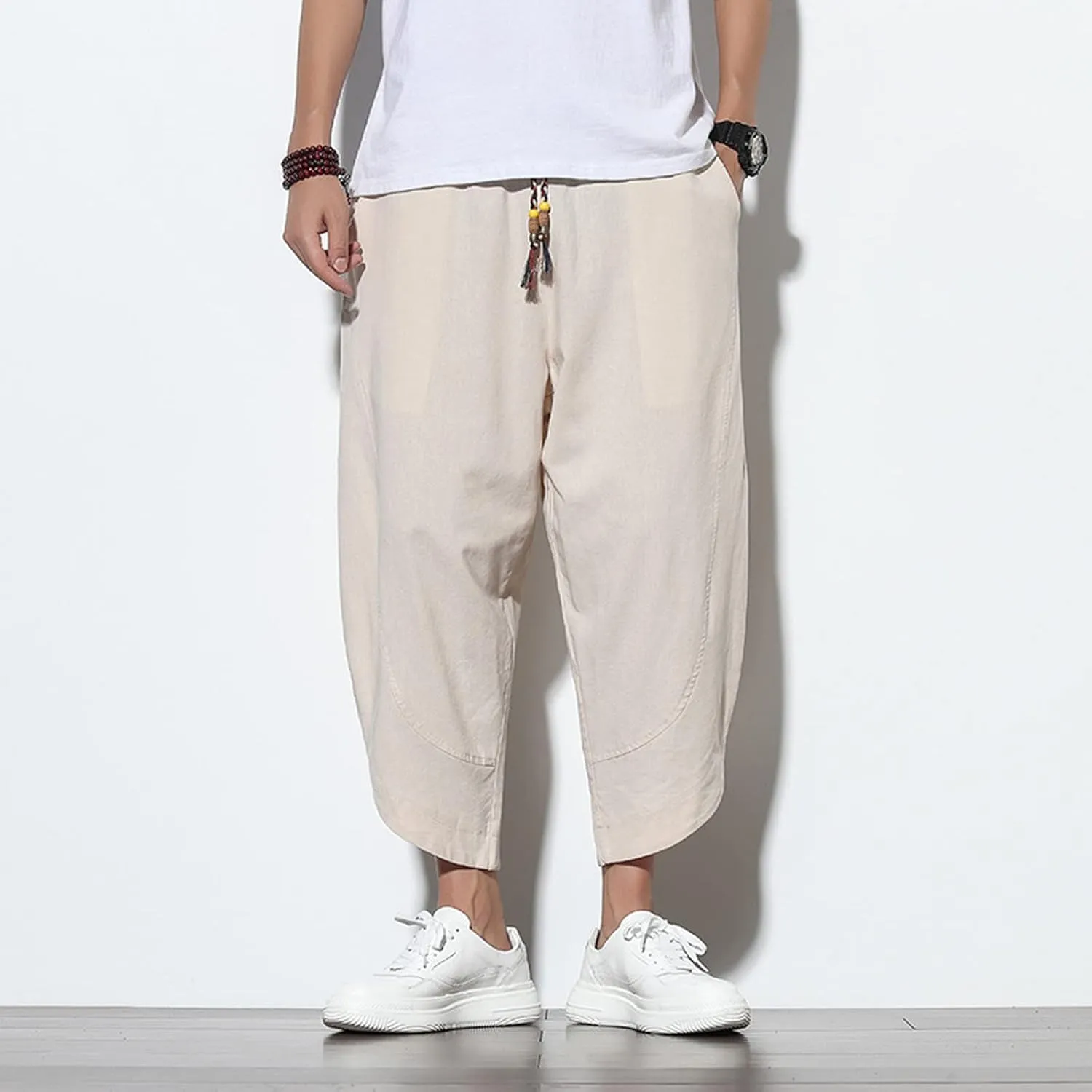 Mens Baggy Pants Drawstring Cotton Linen Wide Leg Yoga Pants Solid Color Baggy Pants