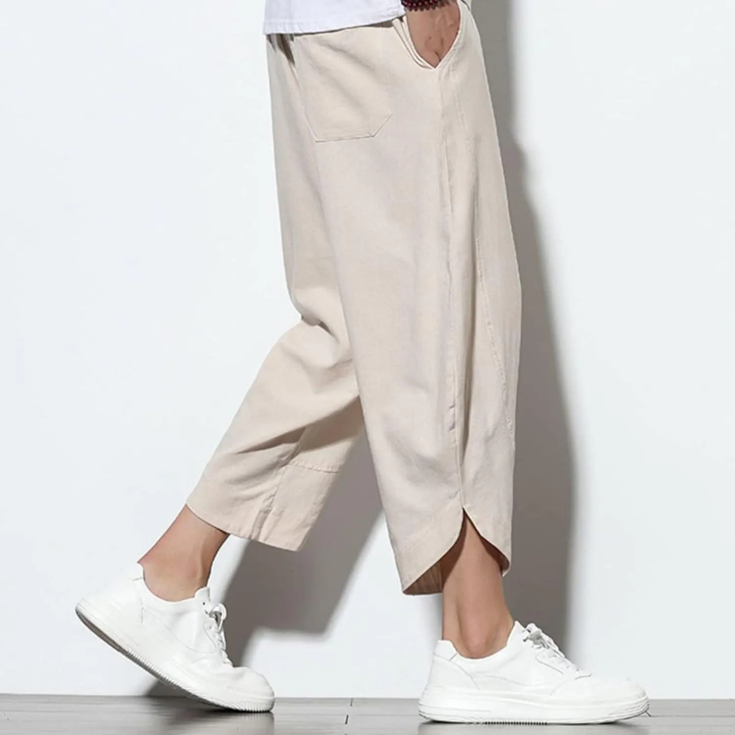 Mens Baggy Pants Drawstring Cotton Linen Wide Leg Yoga Pants Solid Color Baggy Pants