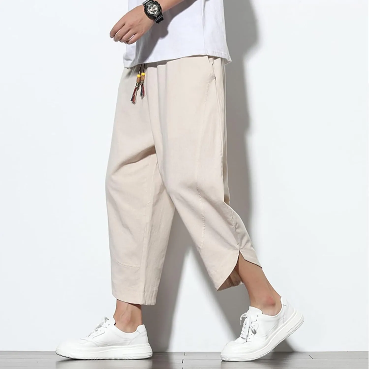 Mens Baggy Pants Drawstring Cotton Linen Wide Leg Yoga Pants Solid Color Baggy Pants