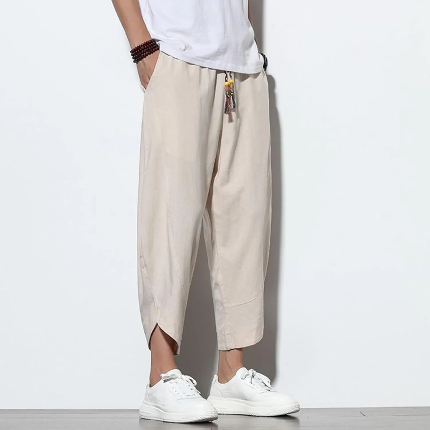 Mens Baggy Pants Drawstring Cotton Linen Wide Leg Yoga Pants Solid Color Baggy Pants