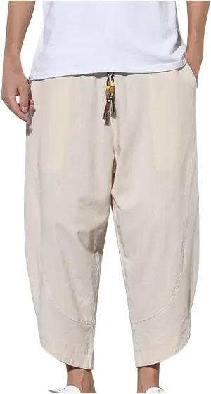 Mens Baggy Pants Drawstring Cotton Linen Wide Leg Yoga Pants Solid Color Baggy Pants