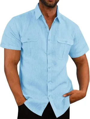 Mens Button Down Short Sleeve Shirts Tall Mens Fashion Casual Lapel Cotton Linen Solid Shirts with 2 Breast Pocket