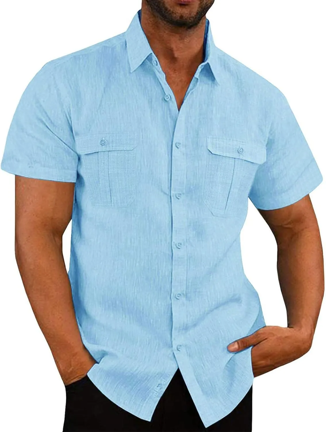 Mens Button Down Short Sleeve Shirts Tall Mens Fashion Casual Lapel Cotton Linen Solid Shirts with 2 Breast Pocket