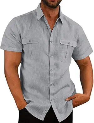 Mens Button Down Short Sleeve Shirts Tall Mens Fashion Casual Lapel Cotton Linen Solid Shirts with 2 Breast Pocket