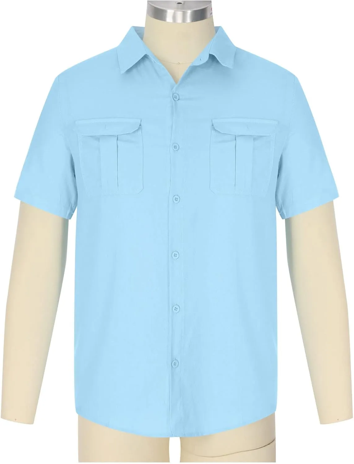 Mens Button Down Short Sleeve Shirts Tall Mens Fashion Casual Lapel Cotton Linen Solid Shirts with 2 Breast Pocket