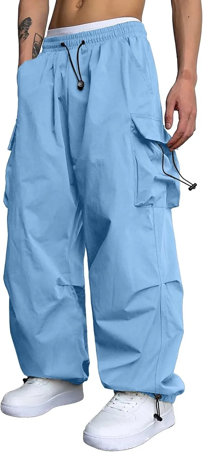 Men's Cargo Pant Drawstring Waist Casual Loose Fit Wide Leg Combat Work Pant with Pockets