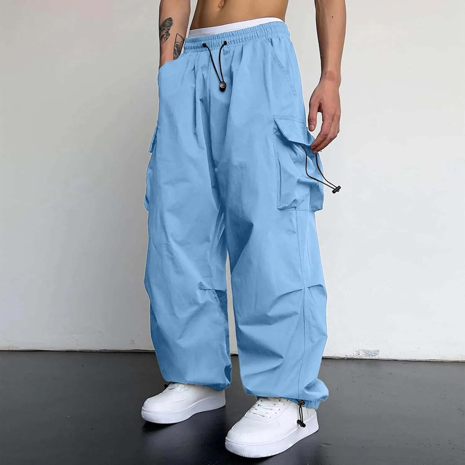 Men's Cargo Pant Drawstring Waist Casual Loose Fit Wide Leg Combat Work Pant with Pockets