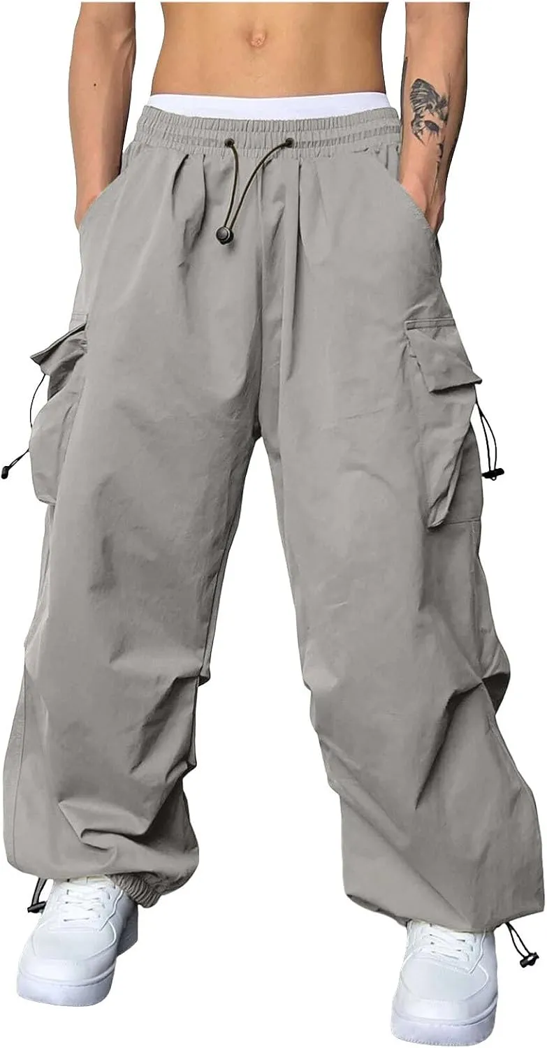 Men's Cargo Pant Drawstring Waist Casual Loose Fit Wide Leg Combat Work Pant with Pockets