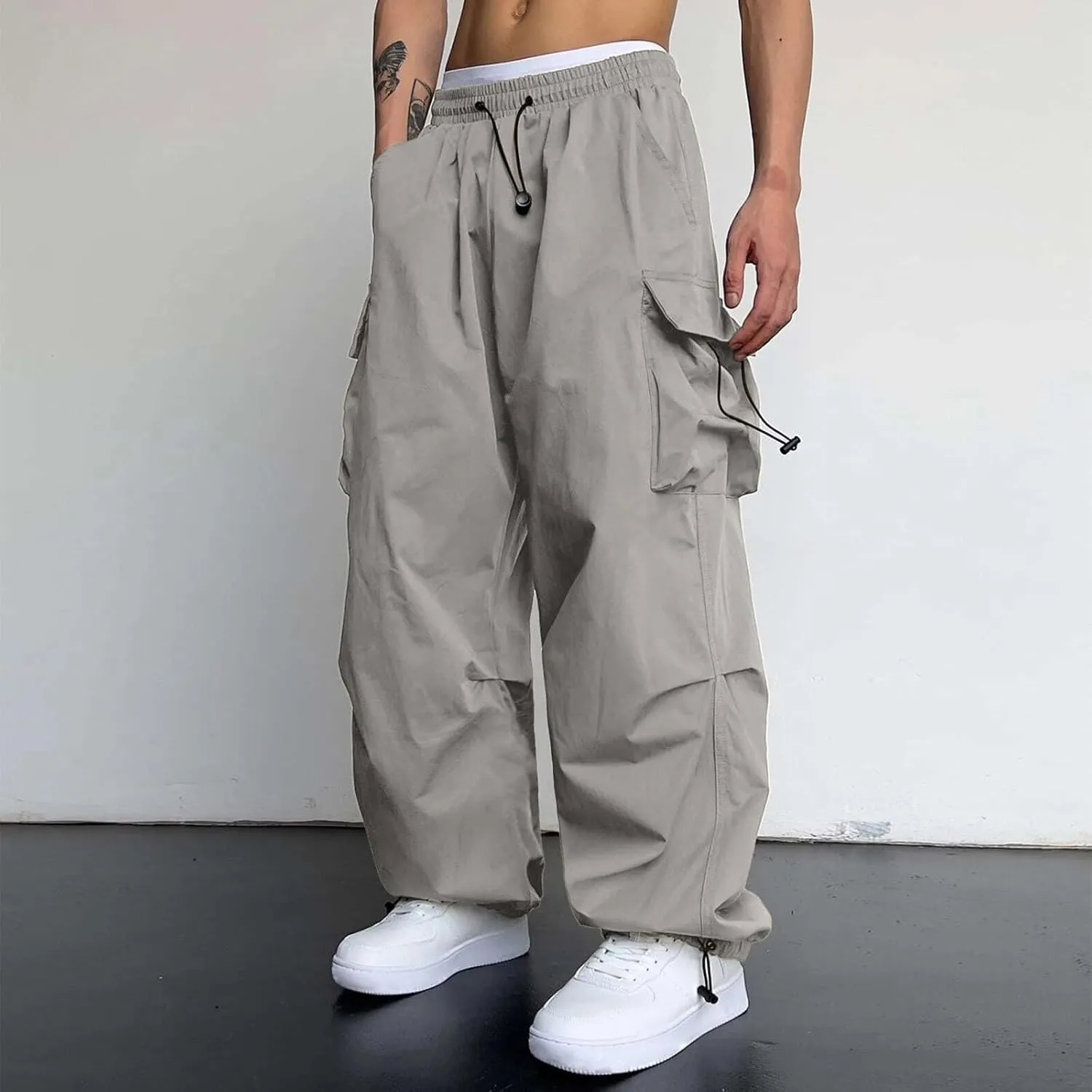 Men's Cargo Pant Drawstring Waist Casual Loose Fit Wide Leg Combat Work Pant with Pockets