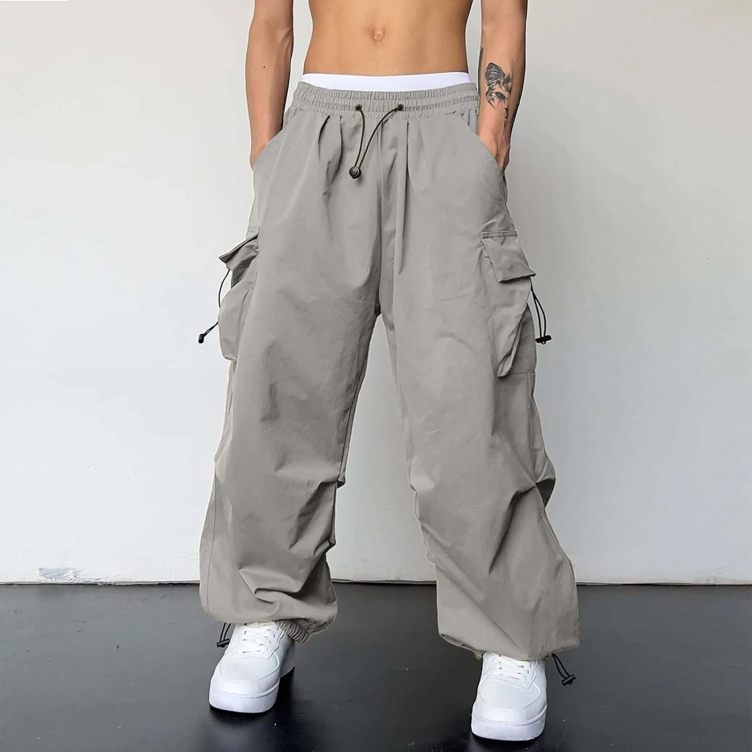 Men's Cargo Pant Drawstring Waist Casual Loose Fit Wide Leg Combat Work Pant with Pockets