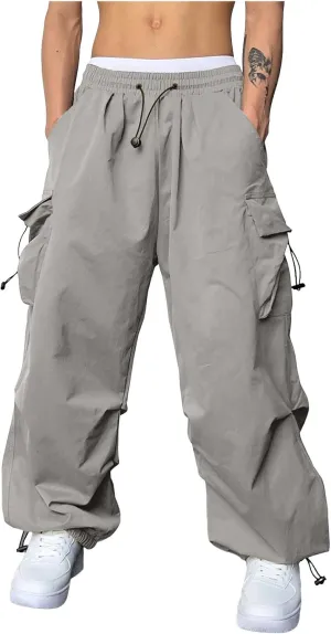 Men's Cargo Pant Drawstring Waist Casual Loose Fit Wide Leg Combat Work Pant with Pockets