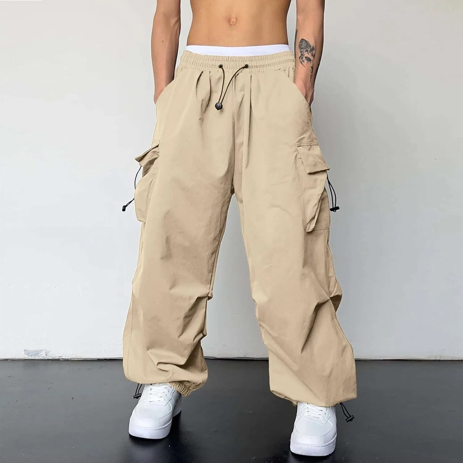 Men's Cargo Pants Loose Fit Casual Joggers Drawstring Elastic Waist Track Pants Multi Pockets