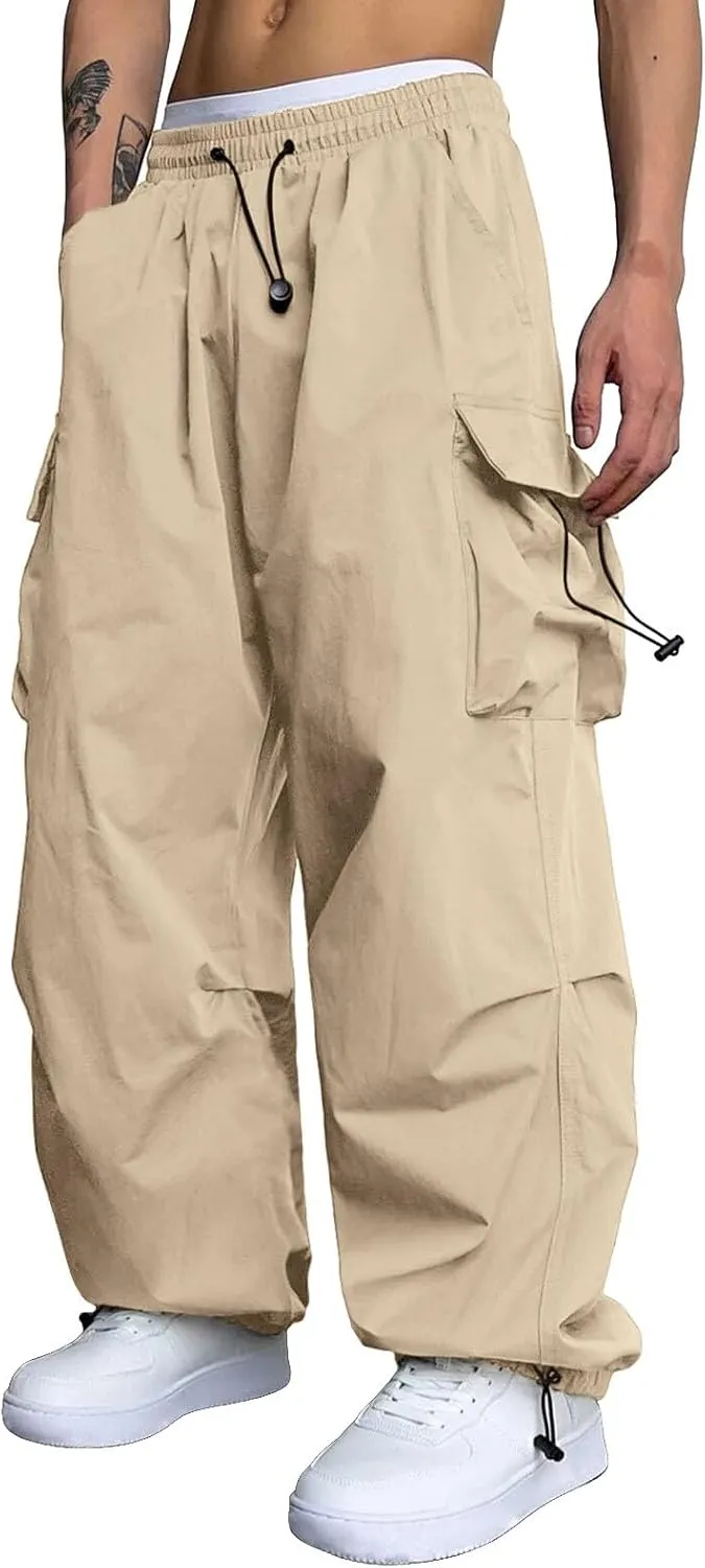 Men's Cargo Pants Loose Fit Casual Joggers Drawstring Elastic Waist Track Pants Multi Pockets