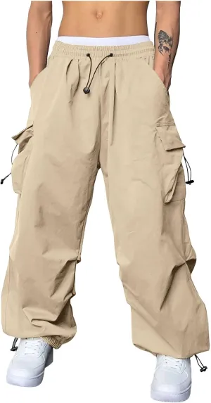 Men's Cargo Pants Loose Fit Casual Joggers Drawstring Elastic Waist Track Pants Multi Pockets