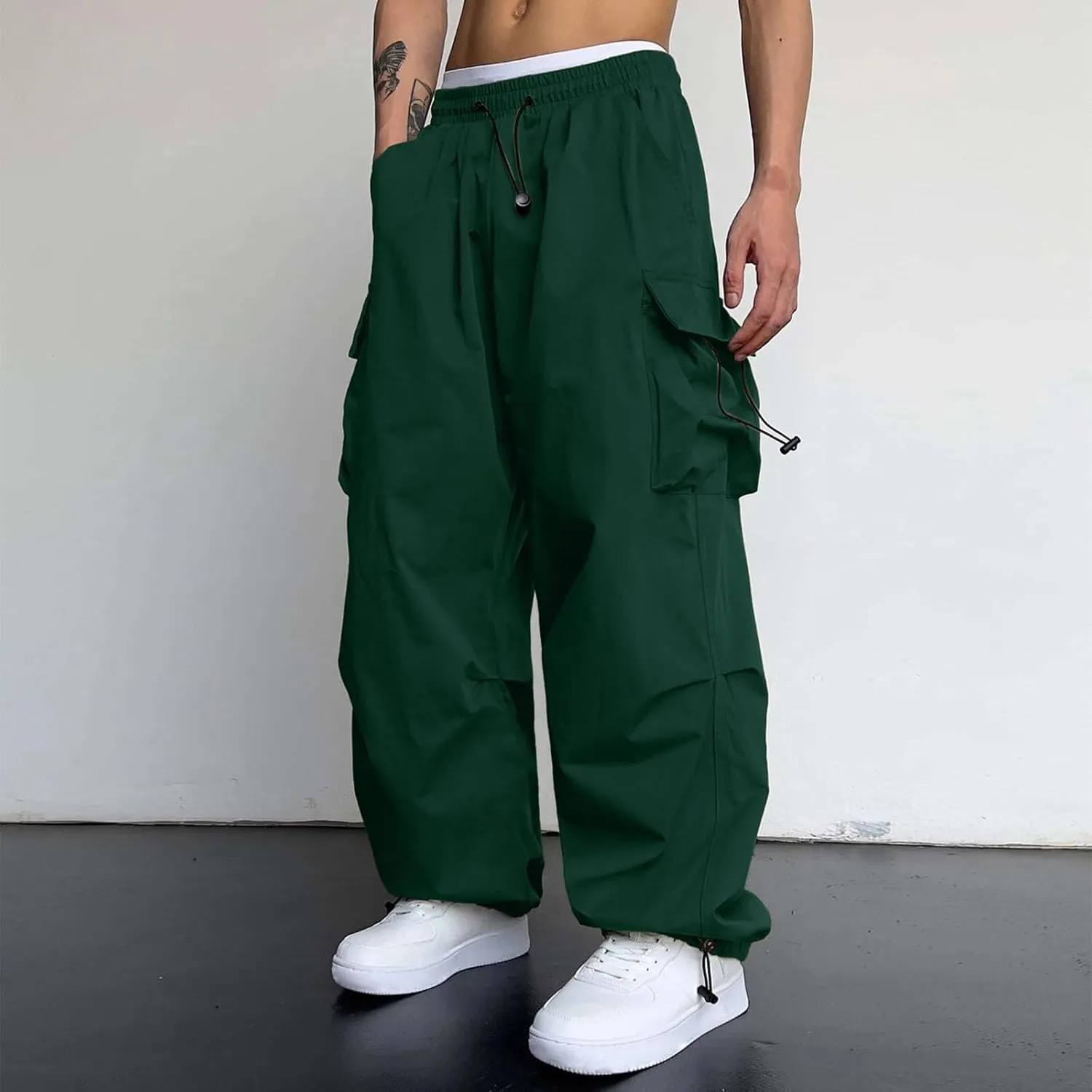 Men's Cargo Pants Loose Fit Casual Joggers Drawstring Elastic Waist Track Pants Multi Pockets