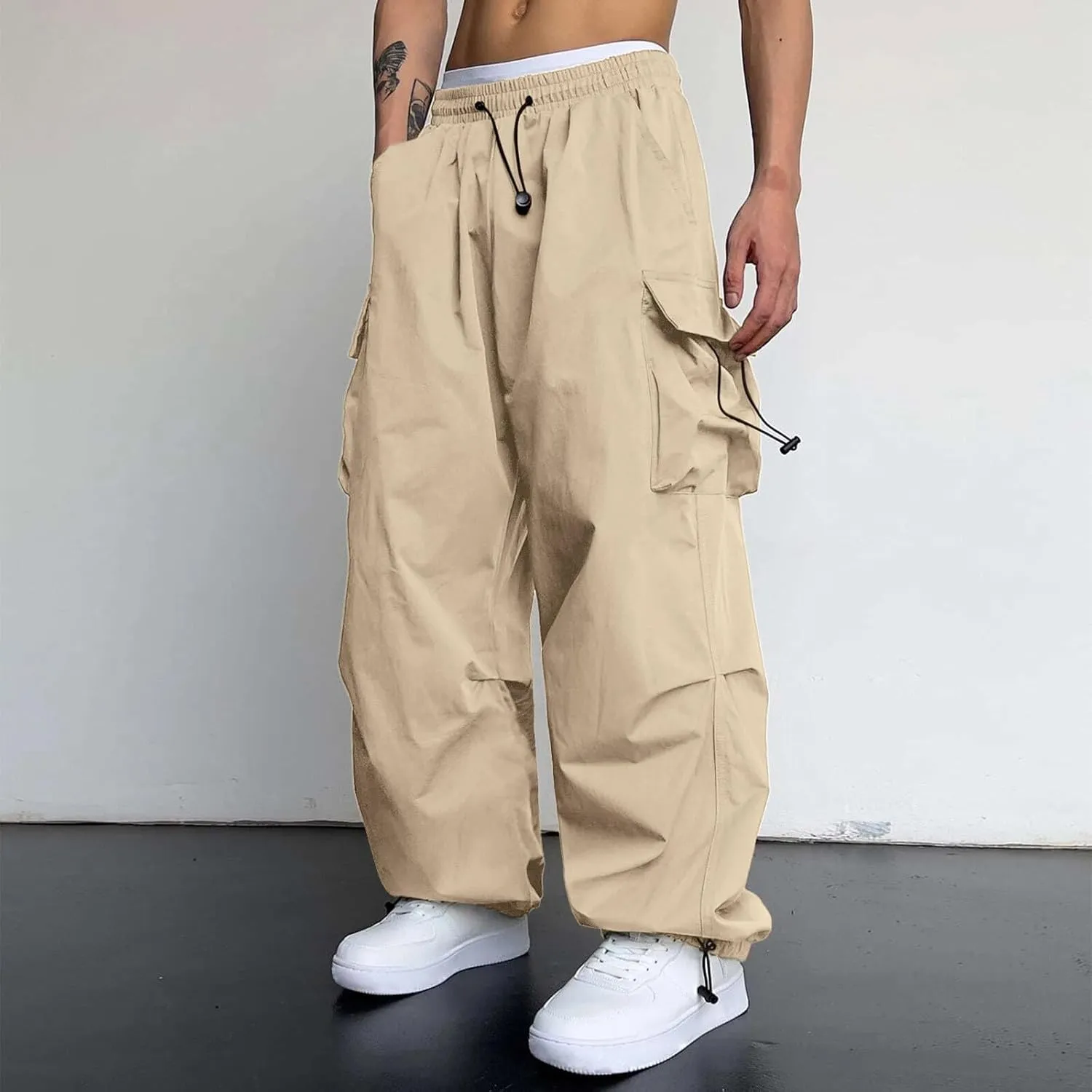 Men's Cargo Pants Loose Fit Casual Joggers Drawstring Elastic Waist Track Pants Multi Pockets