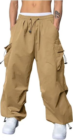 Men's Cargo Pants Loose Fit Casual Joggers Drawstring Elastic Waist Track Pants Multi Pockets