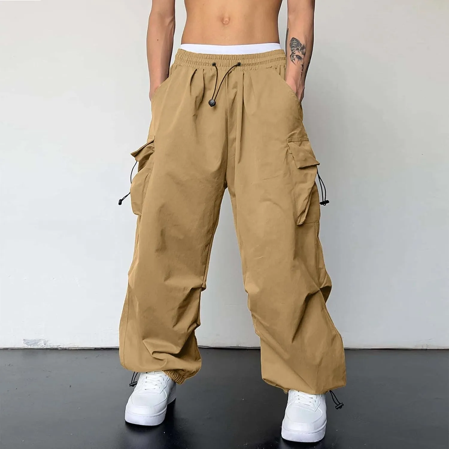 Men's Cargo Pants Loose Fit Casual Joggers Drawstring Elastic Waist Track Pants Multi Pockets