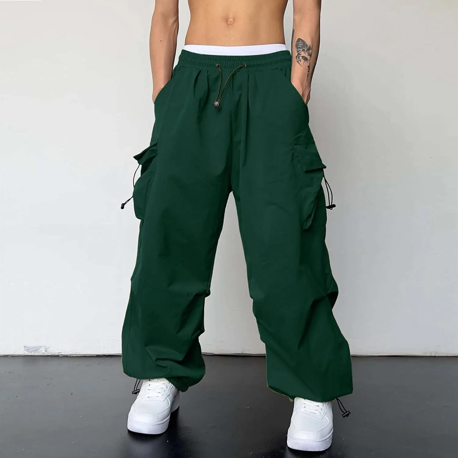 Men's Cargo Pants Loose Fit Casual Joggers Drawstring Elastic Waist Track Pants Multi Pockets
