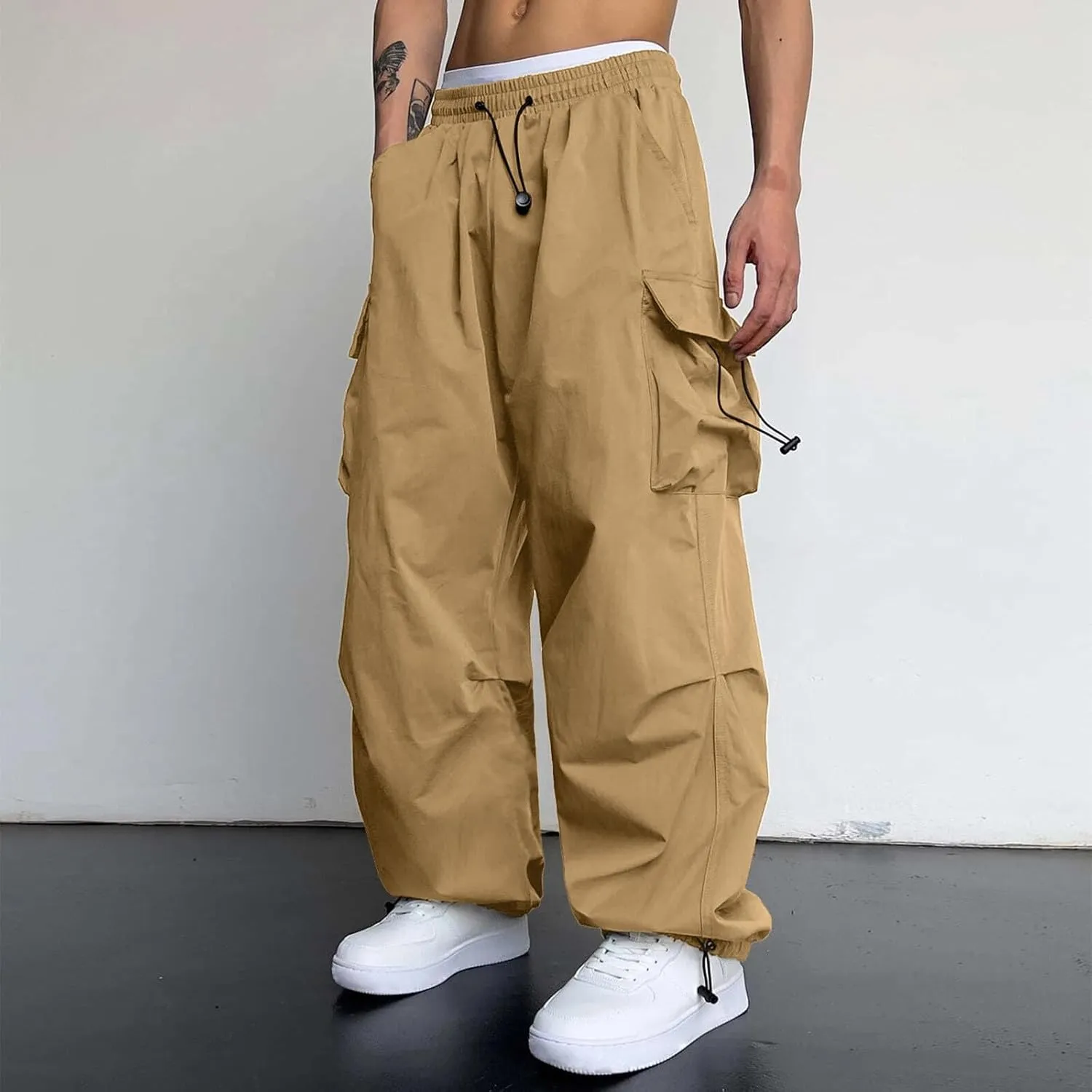 Men's Cargo Pants Loose Fit Casual Joggers Drawstring Elastic Waist Track Pants Multi Pockets